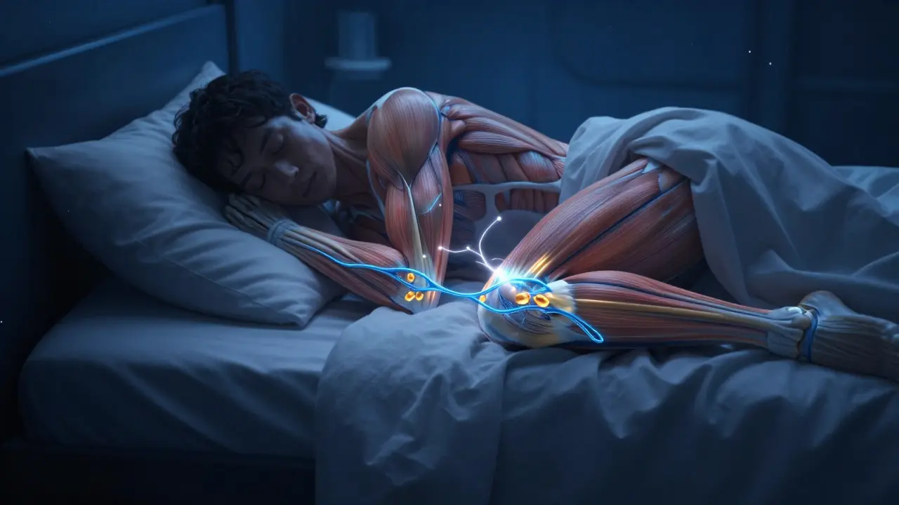 Konceptuální ilustrace regenerace svalů a proteinů během spánku.