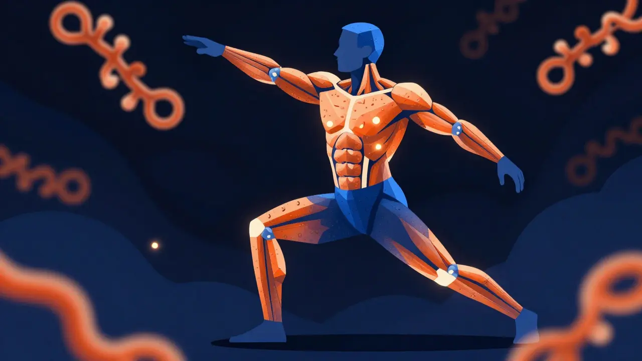 Konceptuální ilustrace svalů jako skládačky z aminokyselin v lidském těle.