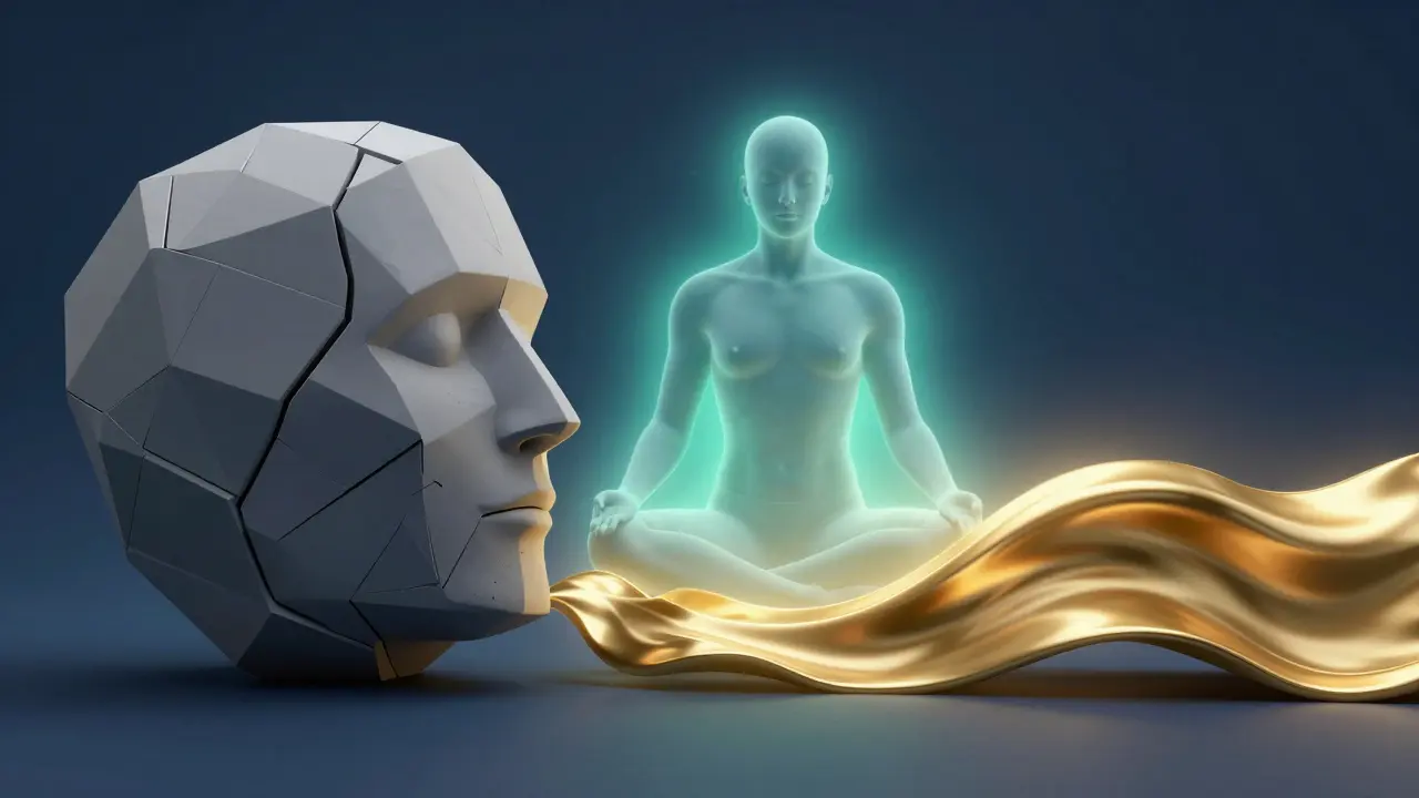 Konceptuální obraz znázornující přechod od stresu k vnitřnímu klidu a regeneraci.