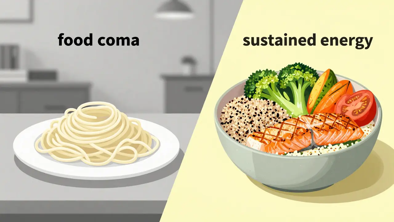 Konceptuální srovnání těžkého oběda způsobujícího únavu a vyváženého jídla pro energii.