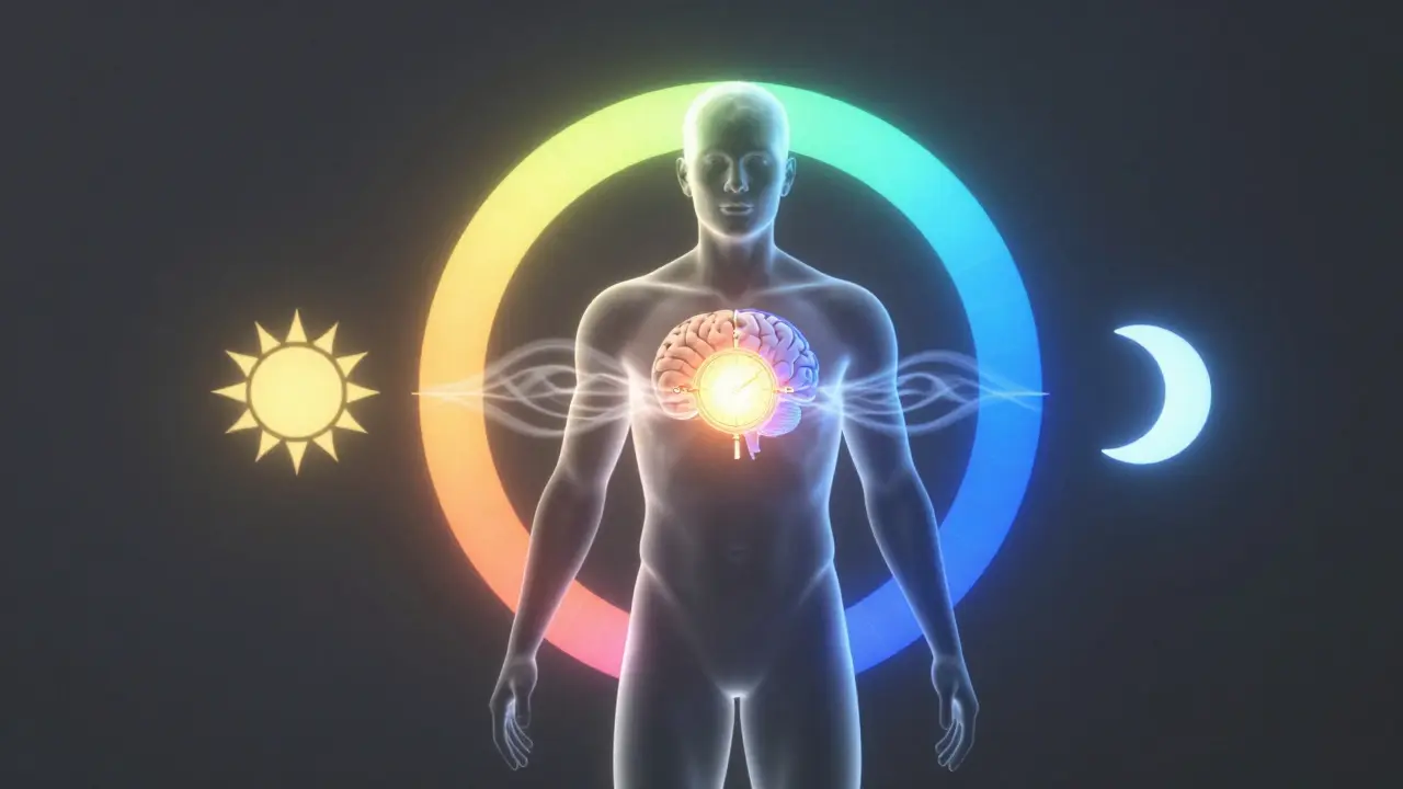 Konceptuální znázornění cirkadiánního rytmu a metabolismu v lidském těle.