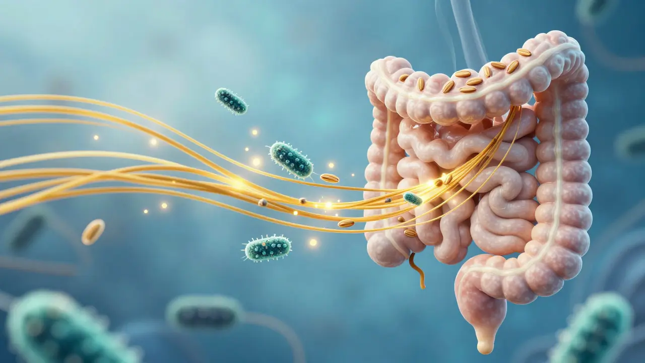 Konceptuální zobrazení vlákniny a prospěšných bakterií v trávicím traktu.