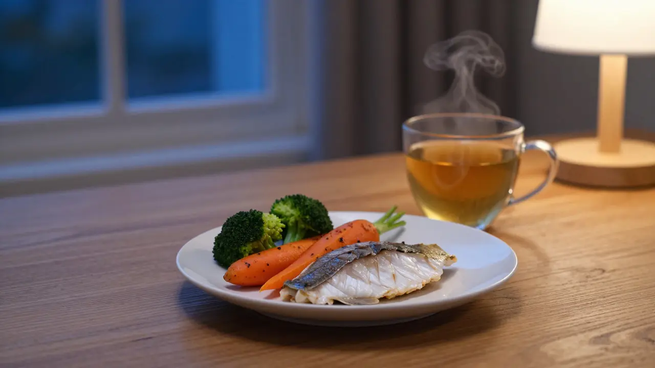 Lehká večeře s rybou a pečenou zeleninou s šálkem bylinkového čaje.