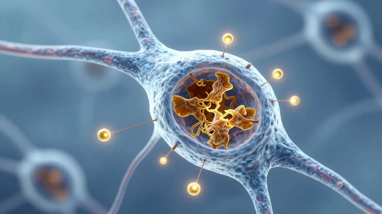 Mikroskopický pohled na neuron s hromadami toxických proteinů a přebytkem glutamátu.