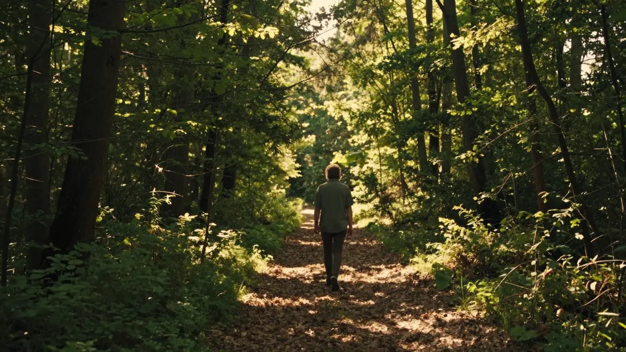 Osoba na procházce v slunném lese pro psychickou regeneraci.