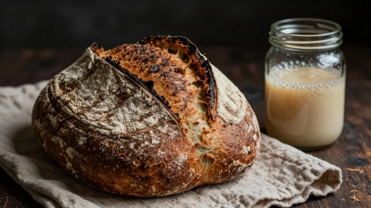 Řemeslný kváskový chleba a sklenice s aktivním kvasem v tradiční pekárně.