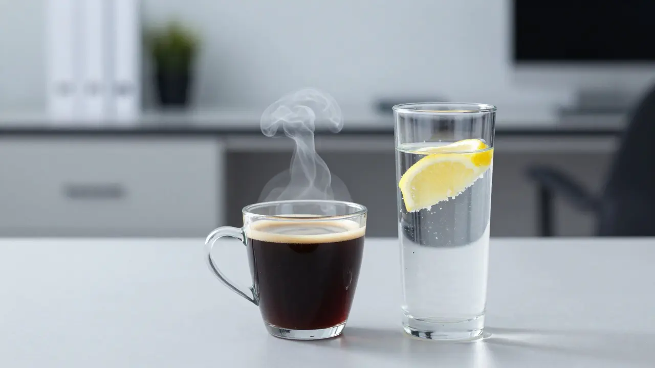 Šálek černé kávy vedle sklenice vody s citronem na minimalistickém stole.