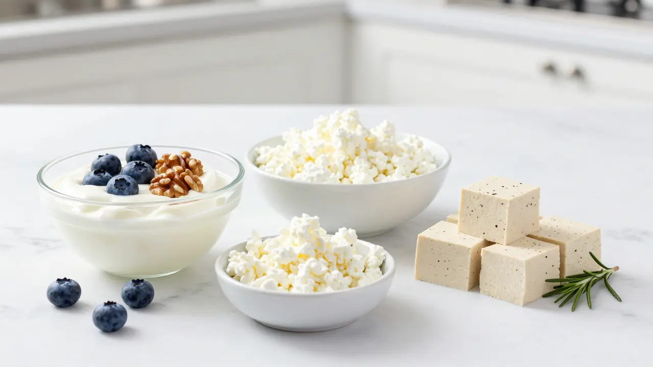 Sestava lehkých bílkovin: řecký jogurt s borůvkami, tvaroh a tofu.