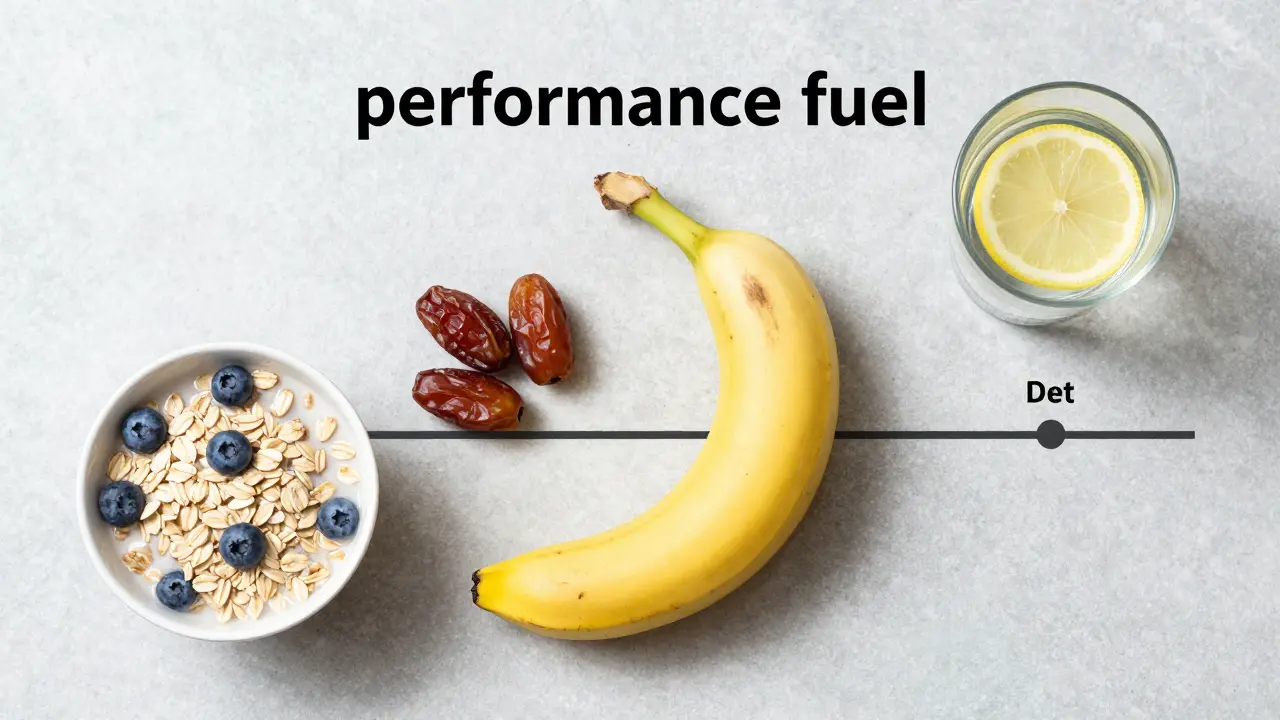 Sestava zdravých potravin pro předtréninkové nabití, včetně banánu, datlí a ovesné kaše.