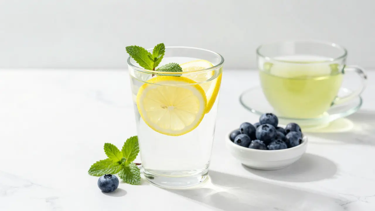 Sklenice čisté vody s citronem a zelený čaj jako zdravá alternativa.