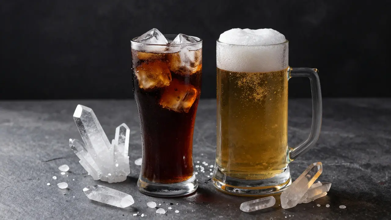 Sklenice koly a piva obklopené ostrými krystaly kyseliny močové.