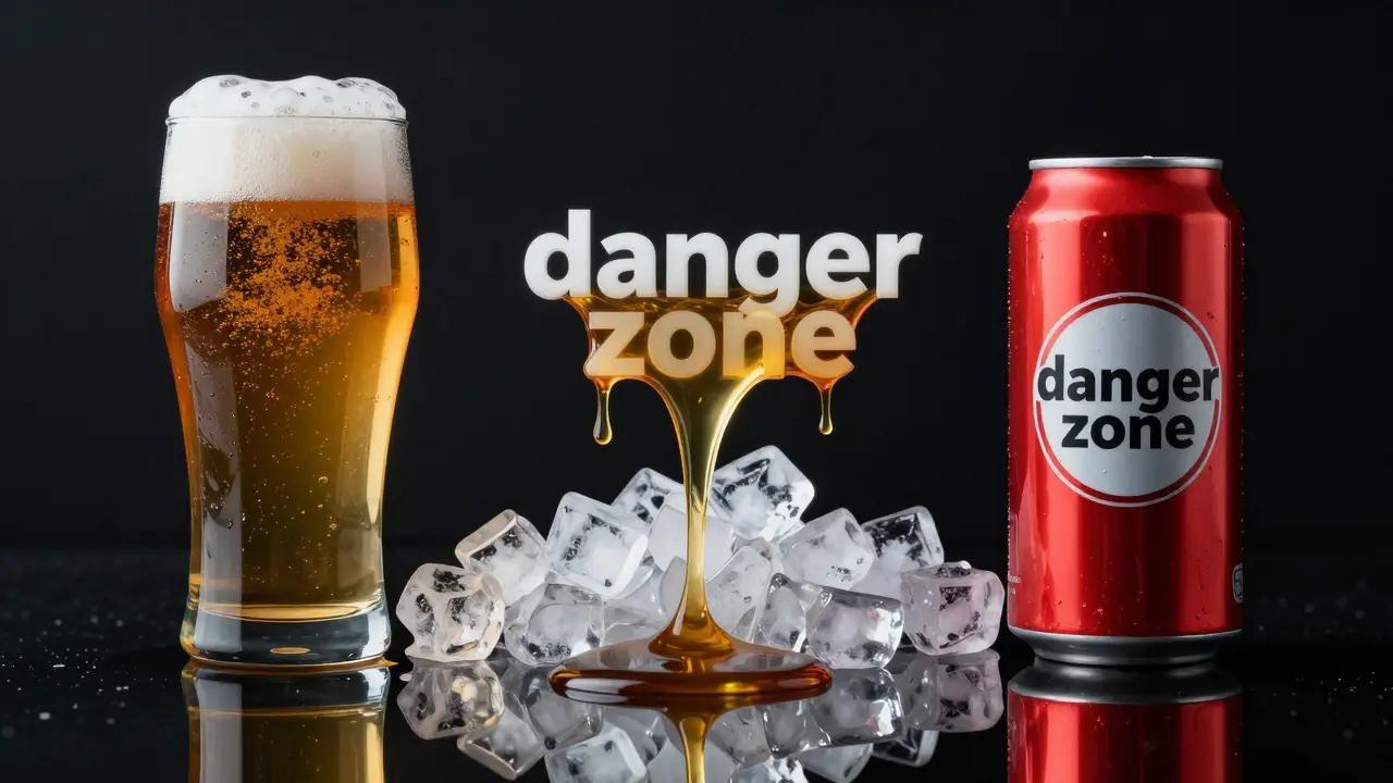 Sklenice piva a sladká limonáda s symbolickými krystaly kyseliny močové.