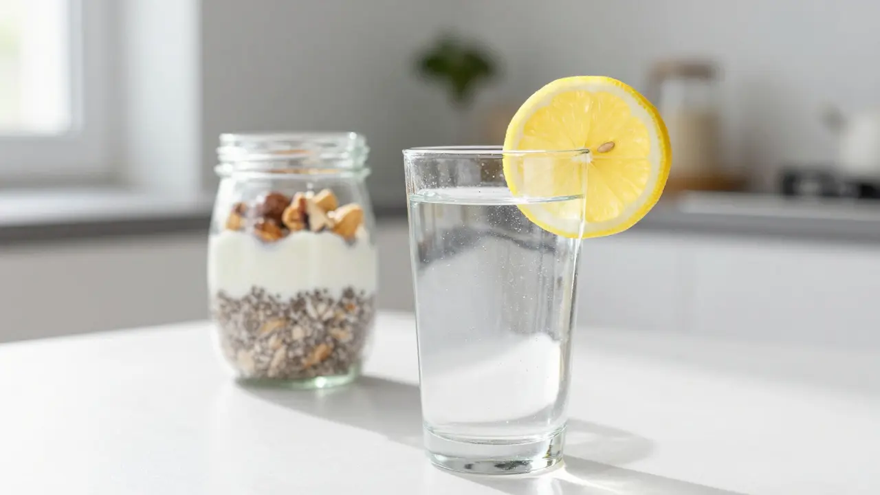 Sklenice vody s citronem a sklenice s overnight oats v moderní světlé kuchyni.