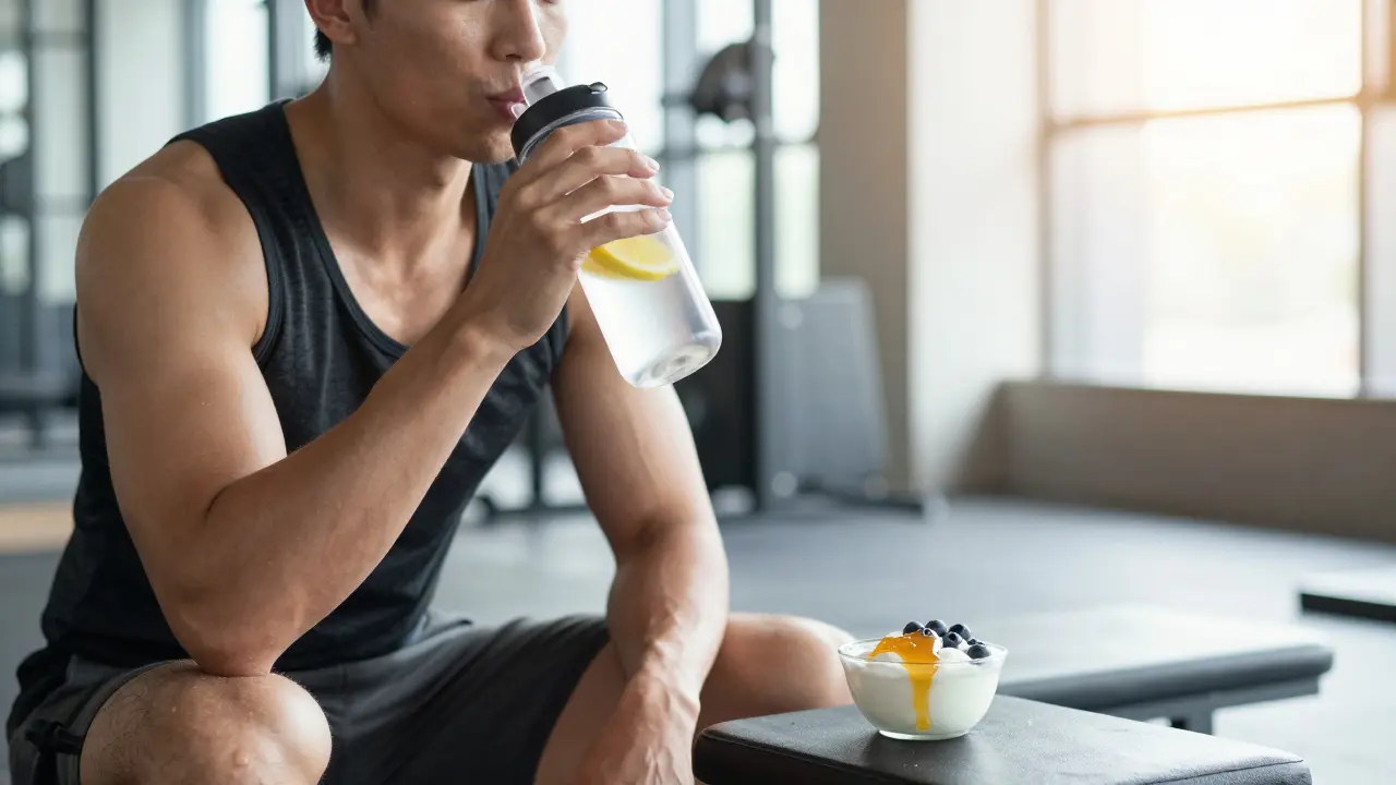 Sportovec v posilovně s vodou a zdravým snackem z řeckého jogurtu před tréninkem.