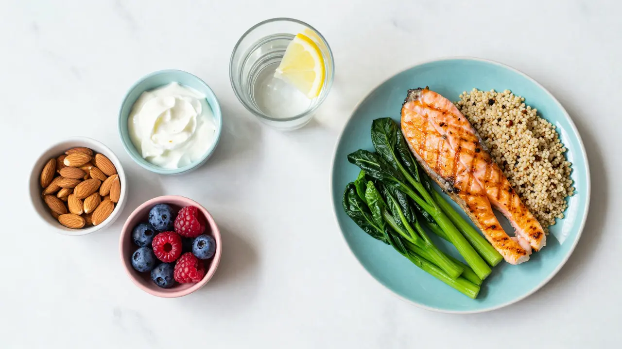 Srovnání malých častých porcí a jednoho velkého zdravého jídla na mramorovém stole.