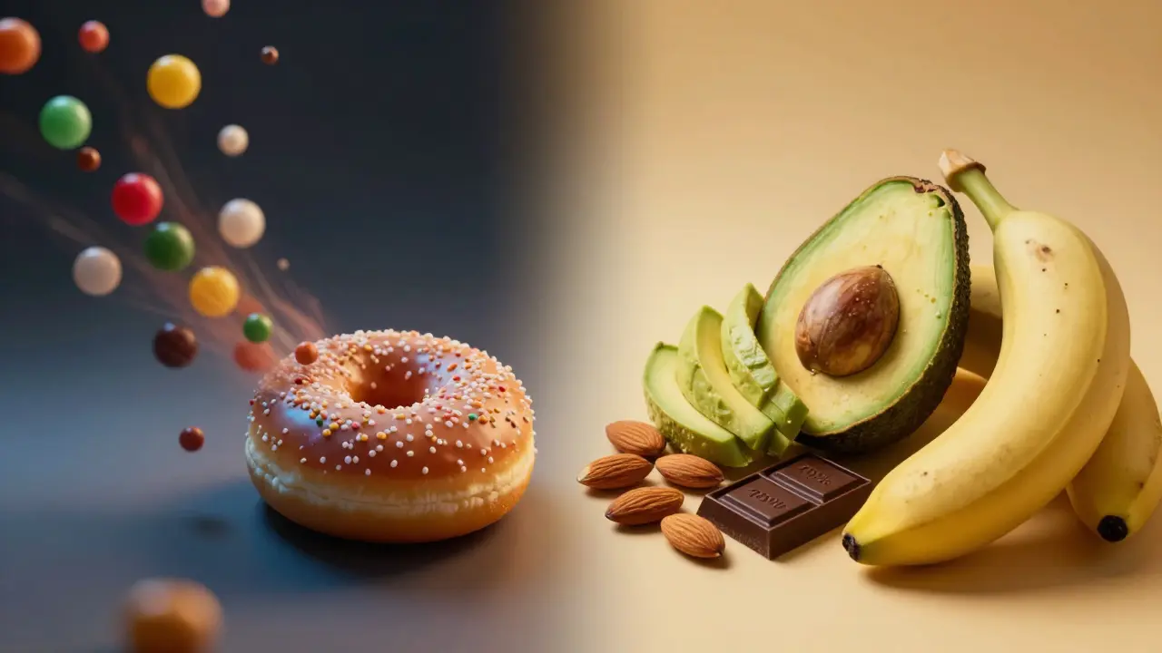 Srovnání nes Zdravých potravin: avokádo, ořechy a banán naproti sladkým bonbonům.