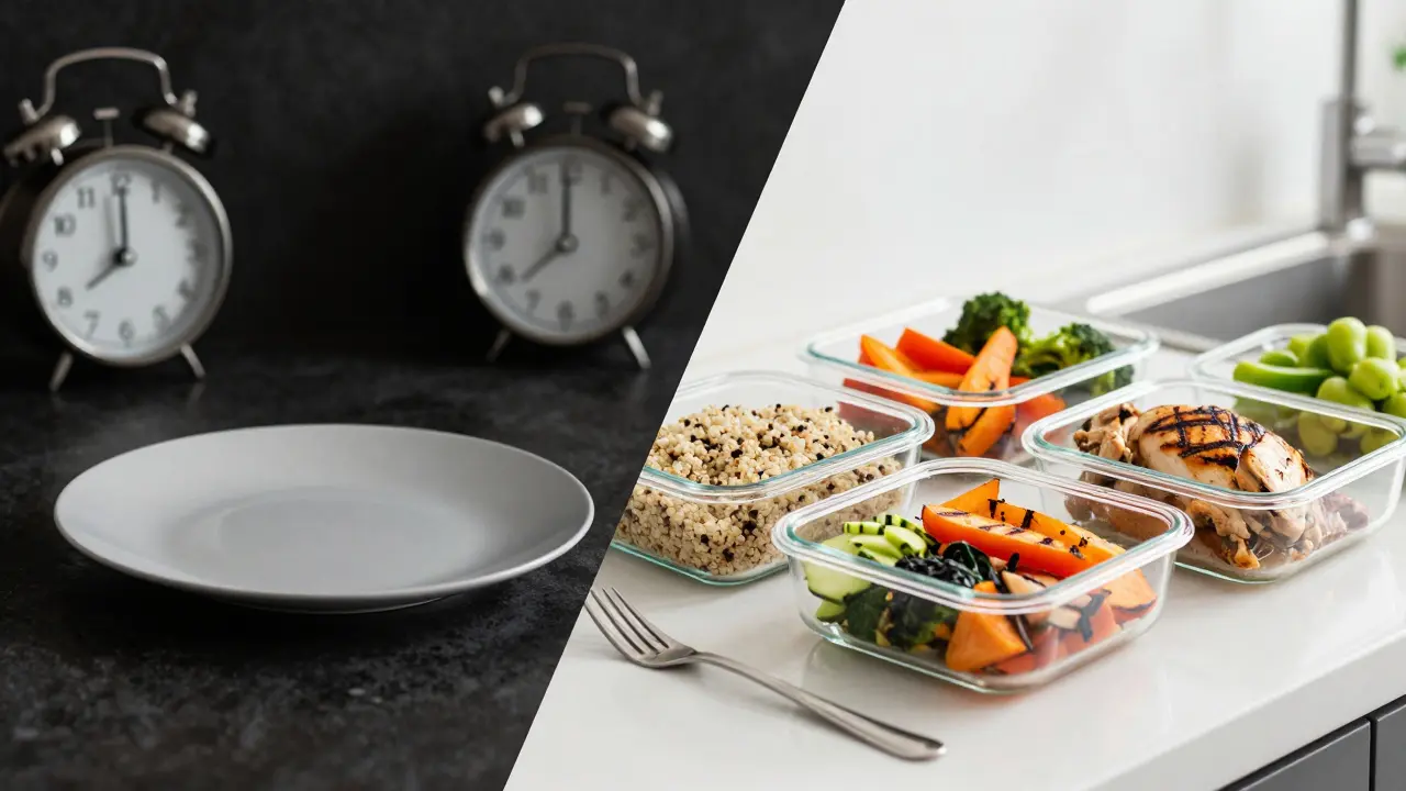 Srovnání stresující hladovky a zdravé přípravy jídla meal prep