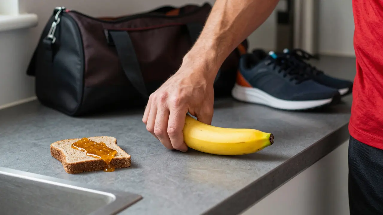 Svačina z banánu a žitného chleba s medem před sportovním tréninkem.