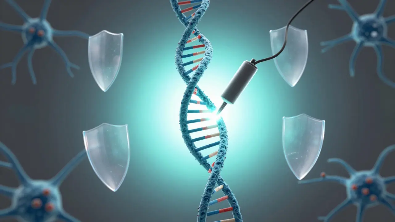 Symbolická ilustrace genetické úpravy DNA a ochranných štítů pro nervové buňky.