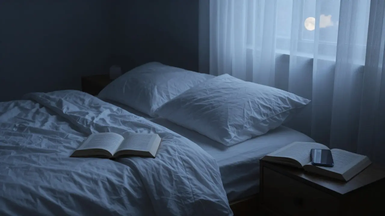 Temná a chladná ložnice s knihou na nočním stolku pro kvalitní spánek.