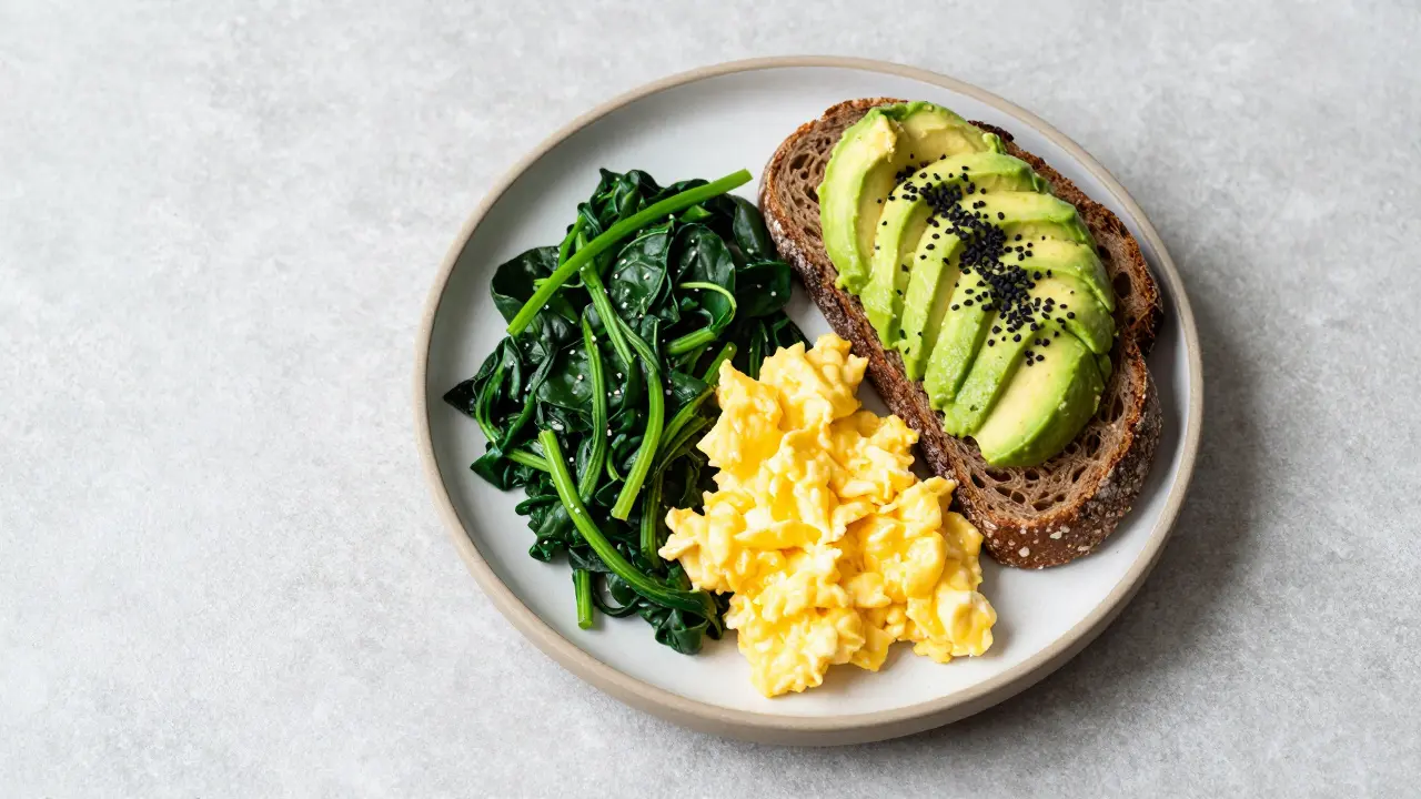 Těstoviny z míchaných vajec se špenátem, žitný chléb s avokádem z ptačí perspektivy.