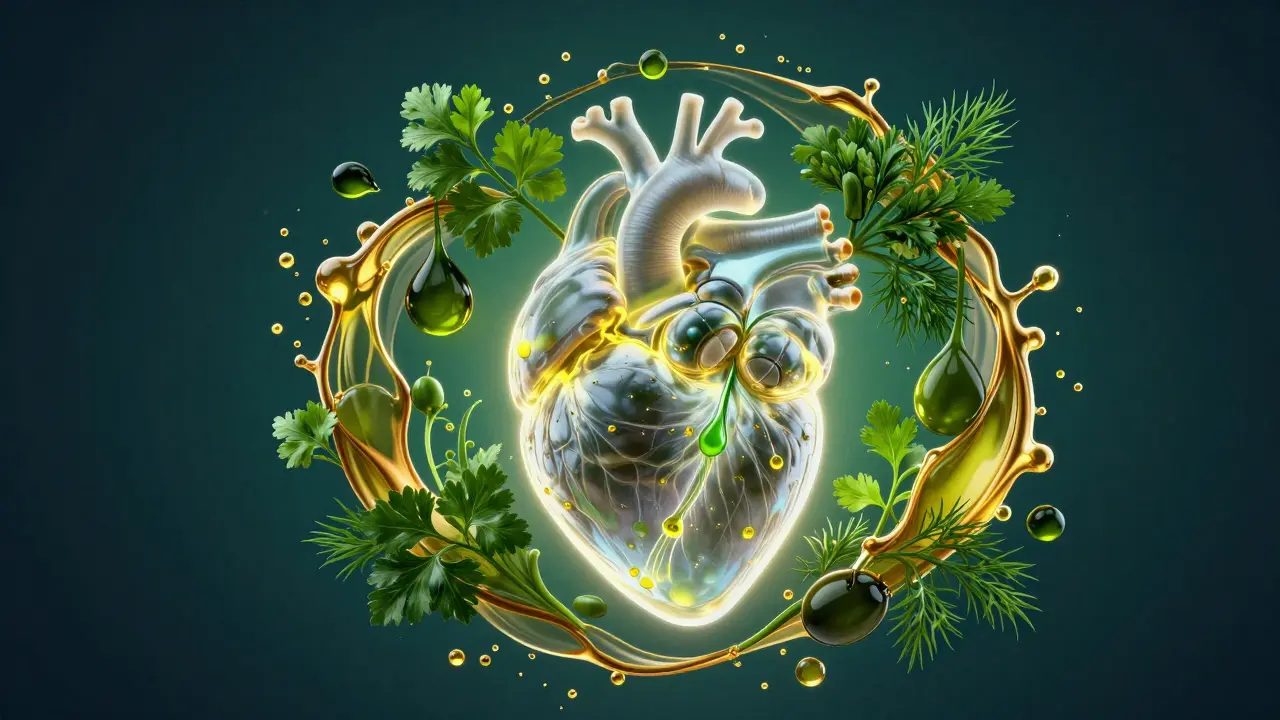 Umělecké znázornení zdraví srdce s olivovým olejem a čerstvými bylinkami.
