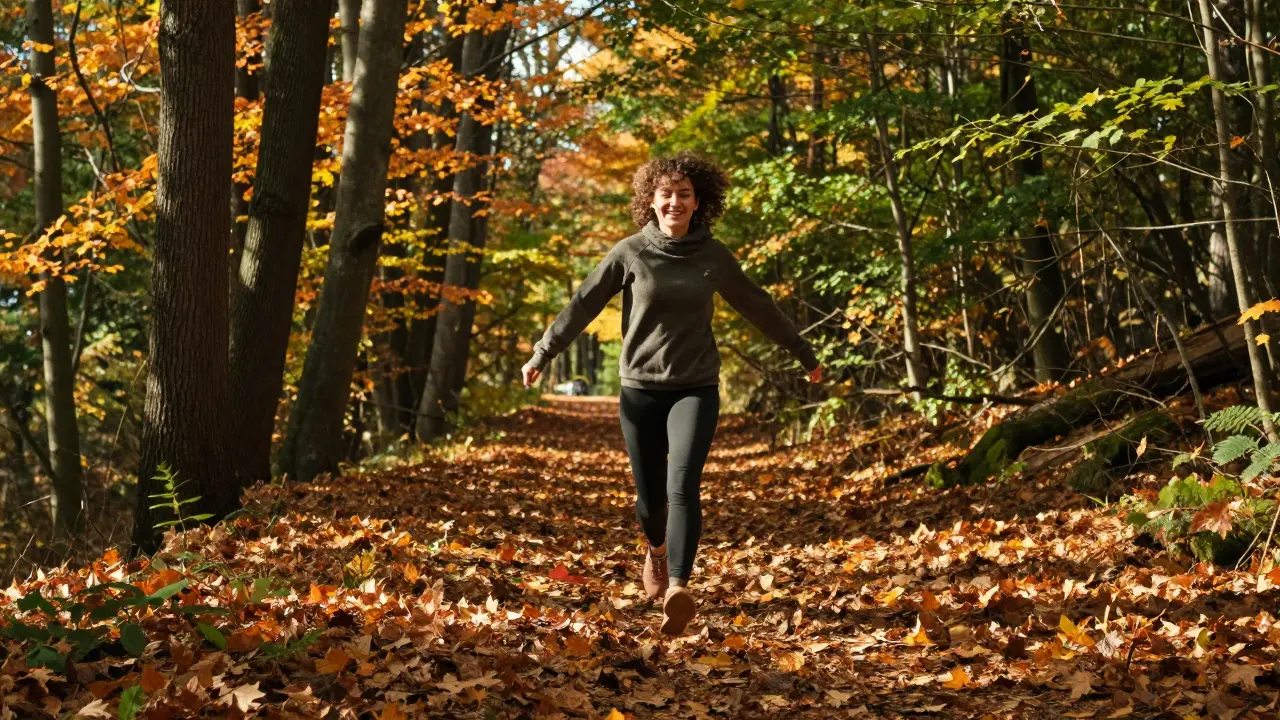  veselý člověk na procházce v barevném podzimním lese.