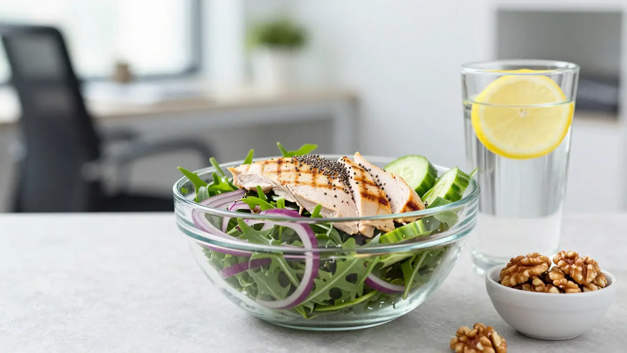 Vyvážený oběre v kanceláři s salátem z rukoly, krůtím masem a sklenicí vody s citronem.