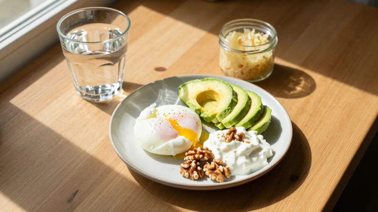 Zdravá snídaně s vejci, avokádem a ořechy pro stabilní energii během dne.