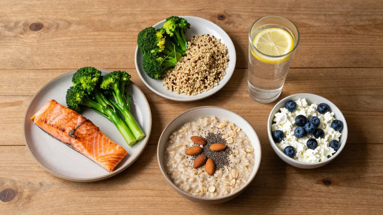 Zdravý jídelníček s lososem, quinoa, ovesnou kaší a tvarohem z ptačí perspektivy.