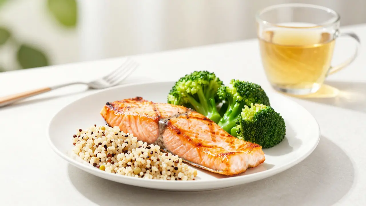 Zdravý talíř s grilovaným lososem, quinuou a brokolicí.