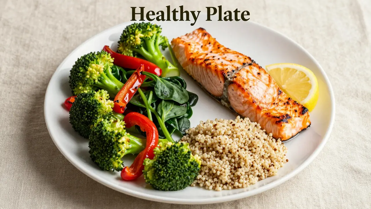 Zdravý talíř s polovinou zeleniny, čtvrtinou ryby a čtvrtinou quinoy.