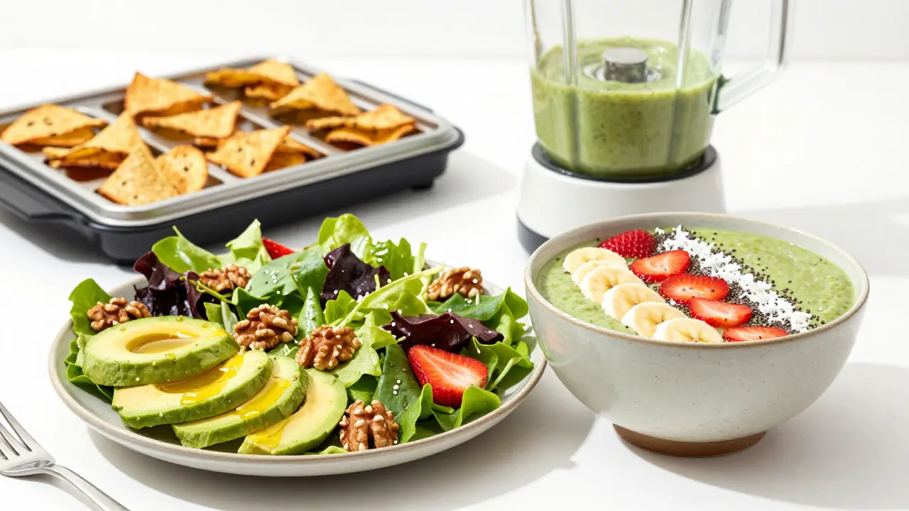 Barevná snídaně z raw stravy s smoothie a salátem
