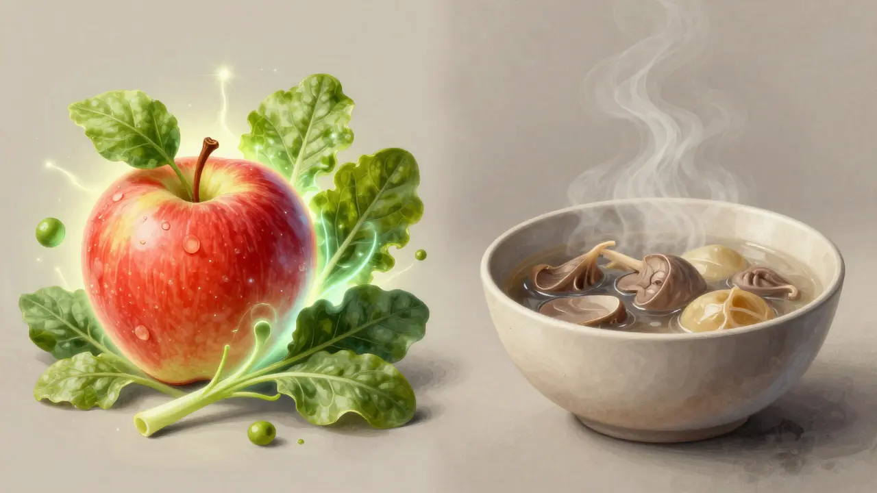 Konceptuální ilustrace enzymů v syrových potravinách versus vařených
