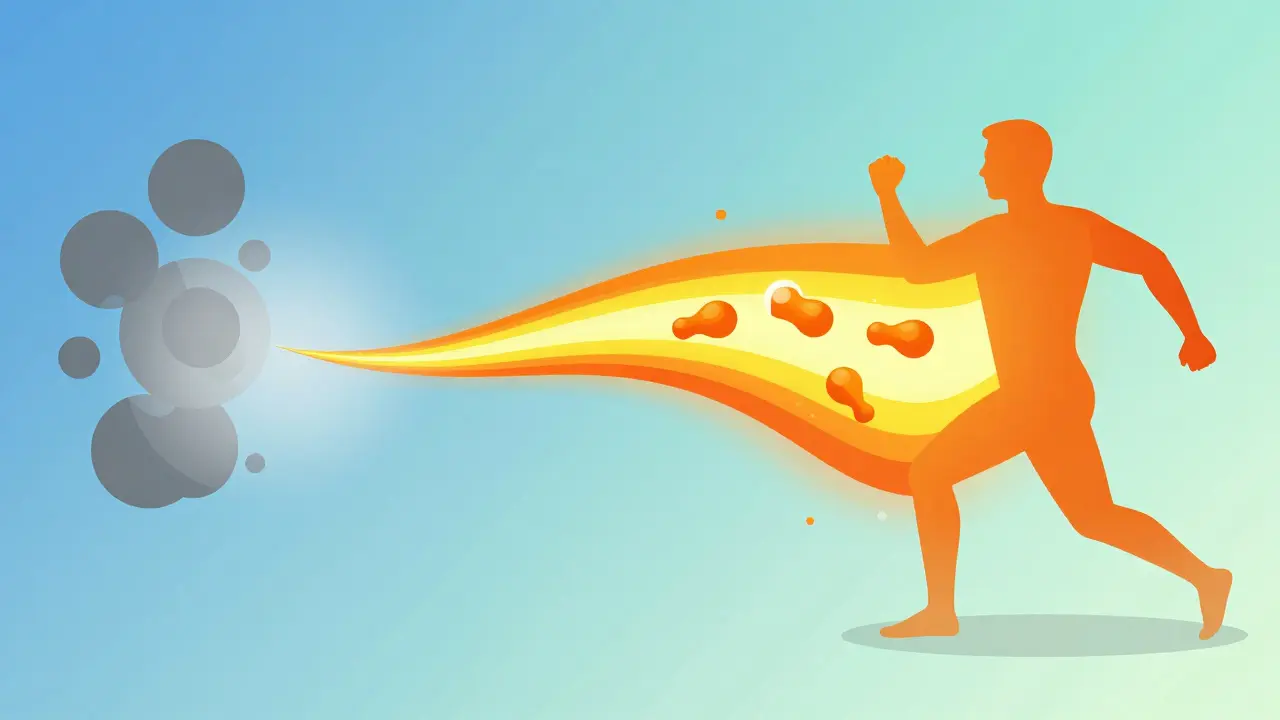 Konceptuální ilustrace přechodu těla do stavu ketózy a spalování tuků jako energie.