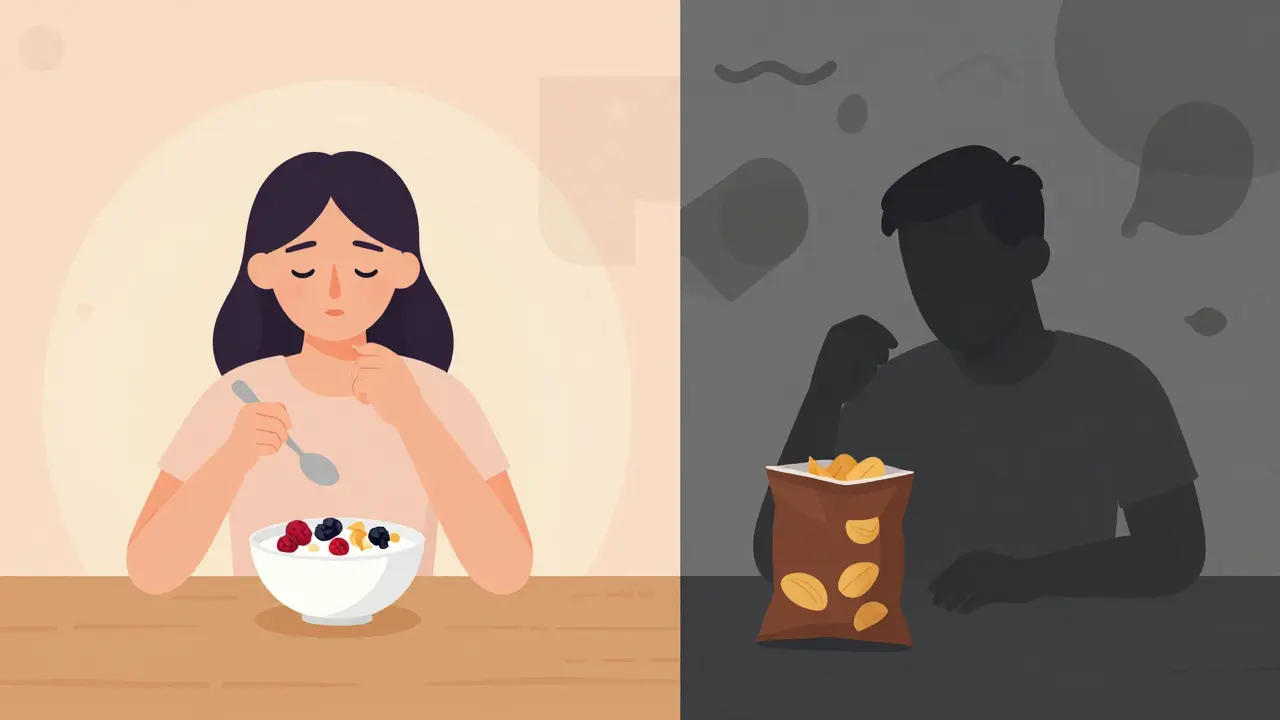Konceptuální ilustrace rozdílu mezi vědomým jídelním chováním a emocemi