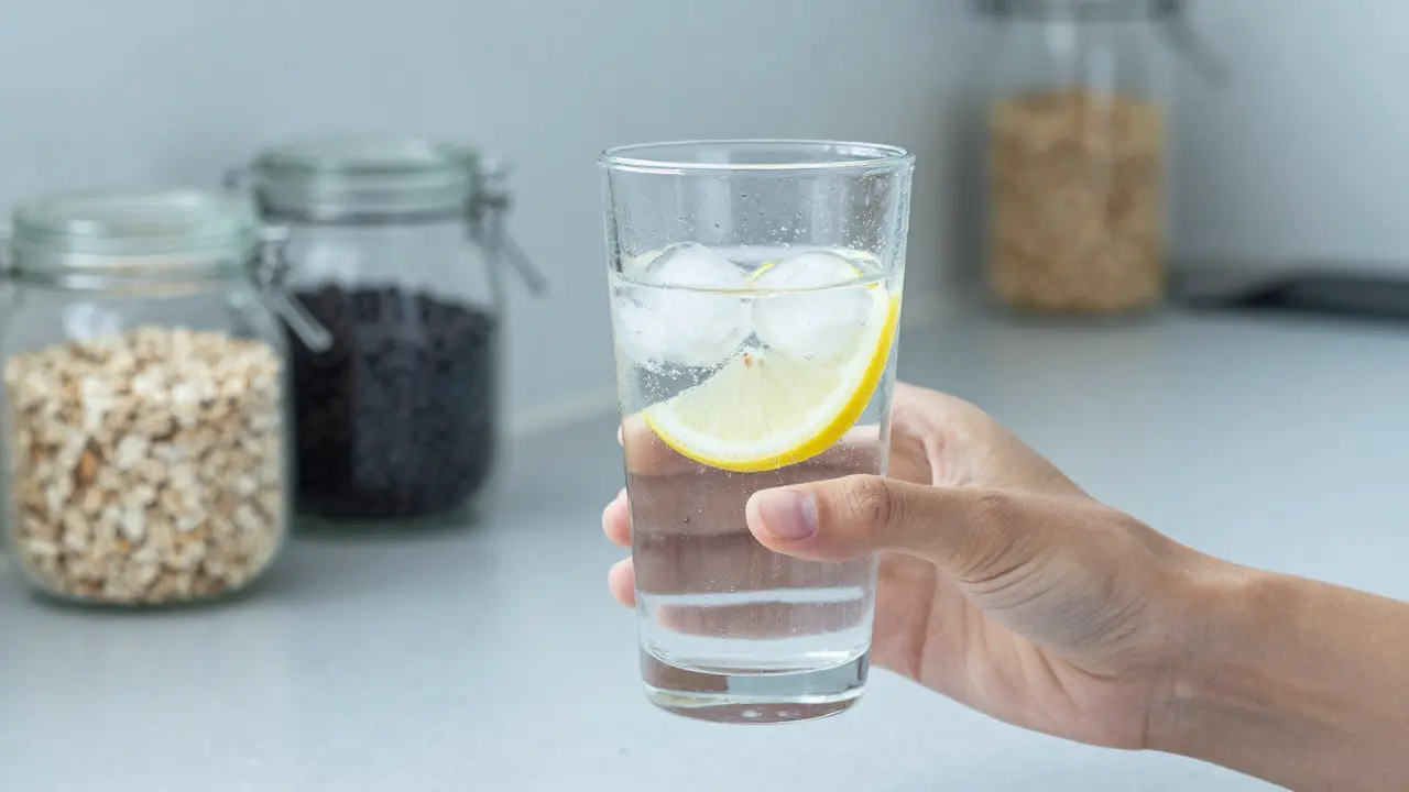 Sklenice čisté vody s citronem na kuchyňském pultu