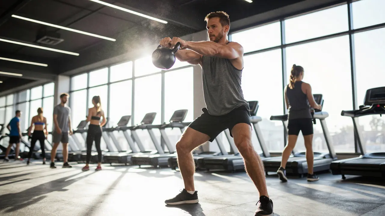 Sportovec cvičí s kettlebellem v moderním posilovně pro budování svalů