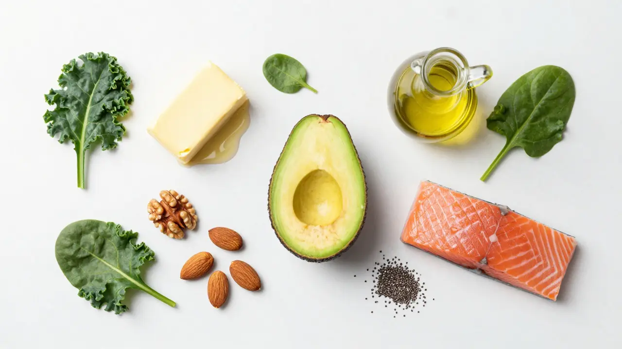 Suroviny pro keto dietu: avokádo, máslo, losos, ořechy a zelenina na bílém mramoru.