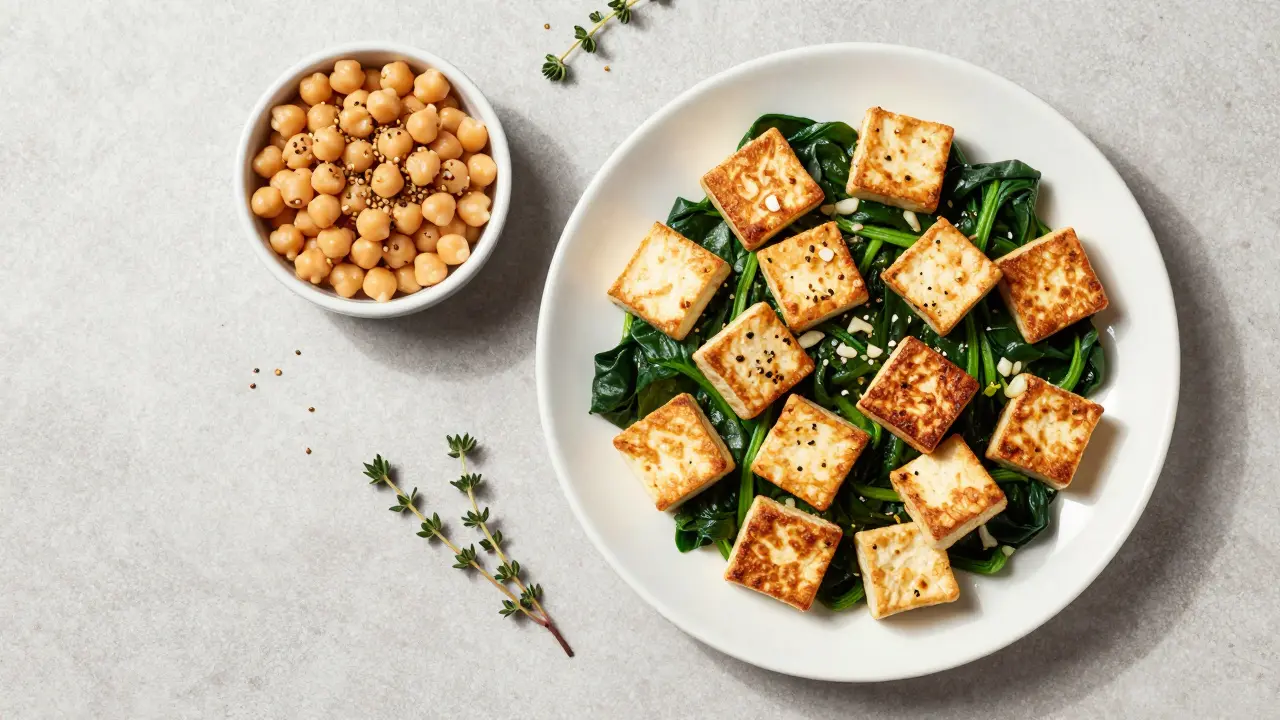 Příprava jídla z tofu, špenátu a cizrny