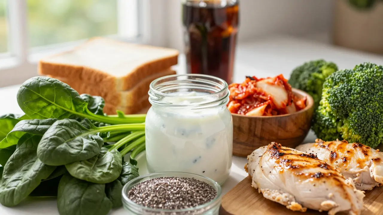 Zdravé potraviny jako zelenina a fermentované produkty pro ploché břicho